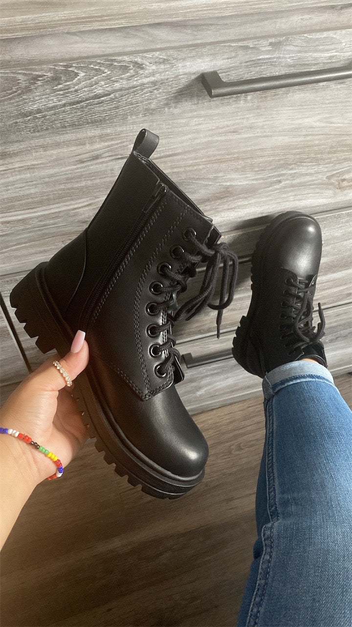 Lace Up Black Combat Boot with Side Zipper- Hana
