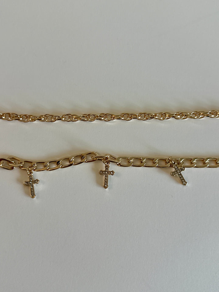 Set of Two Gold Chain Anklet with Cross Charms