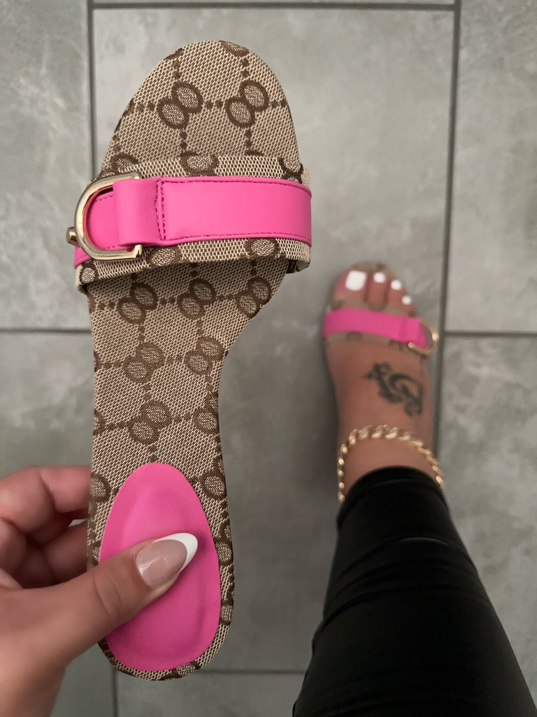 Pink and Brown Heels with Monogram Print