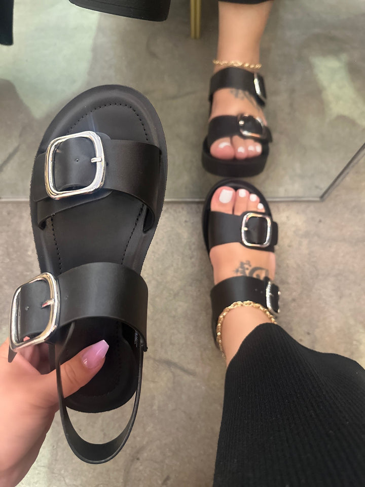 Black Double Buckle Platform Sandals- Myla