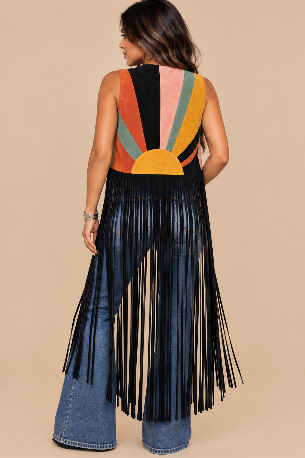 Western Boho Maxi Colorblock Sunrise Faux Suede Vest – Black Multi Sunrise