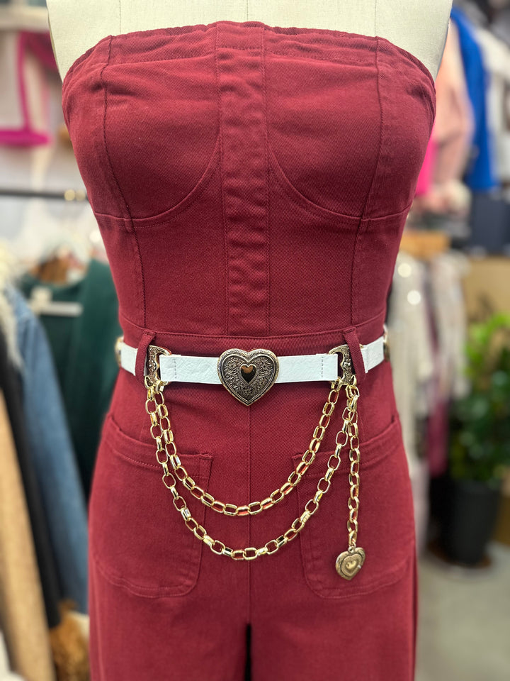 Western White & Gold Heart Concho Charm Drape Belt