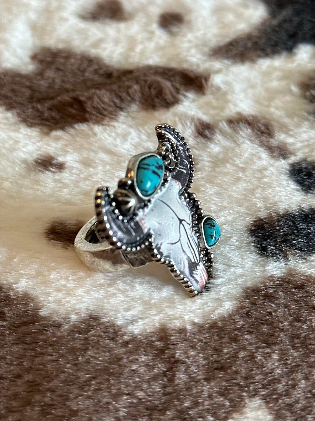 Western Silver and Turquoise Stone Steer Head Stretch Ring