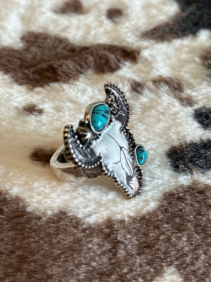 Western Silver and Turquoise Stone Steer Head Stretch Ring