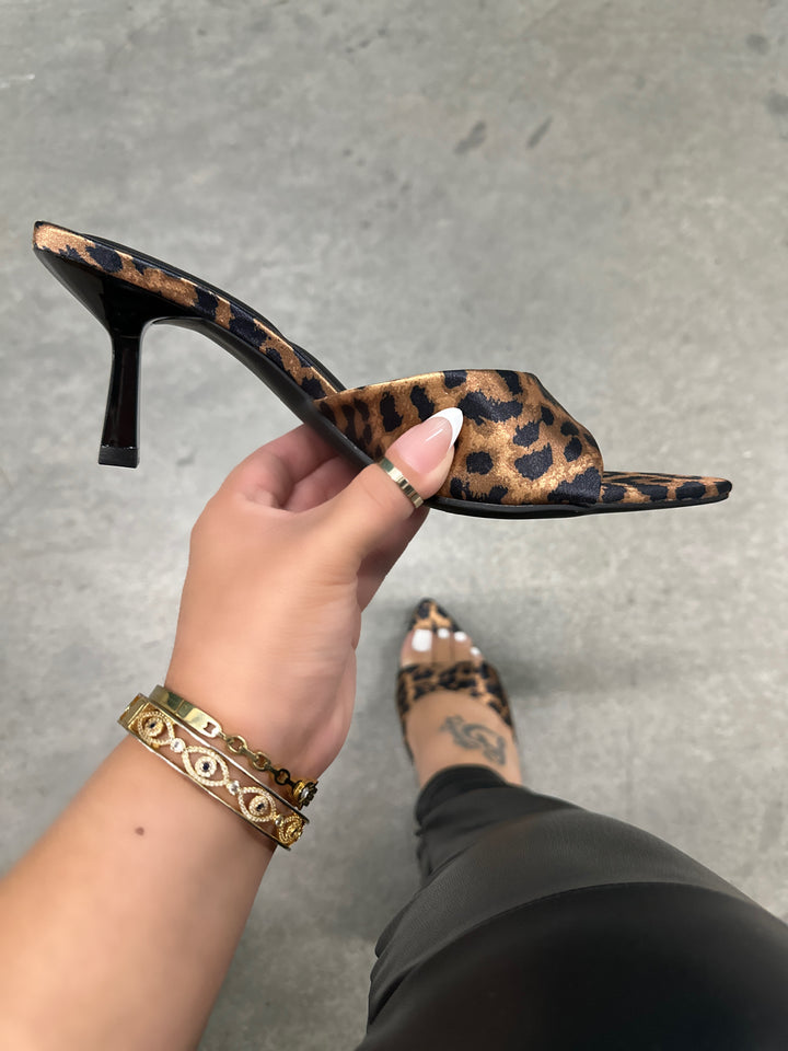 Mia Leopard Print Open Pointed Toe Kitten Mule Heel