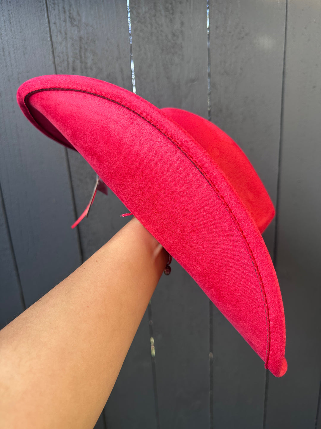Red Cowgirl Hat with Gold Engraved Hearts Band