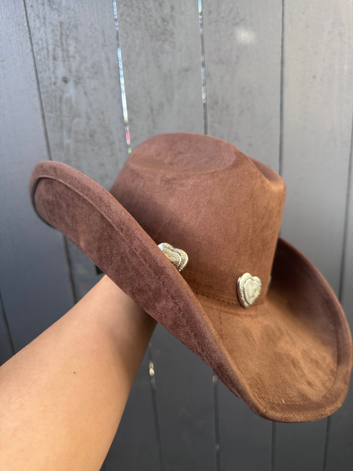 Stylish Brown Cowgirl Hat with Heart Accents