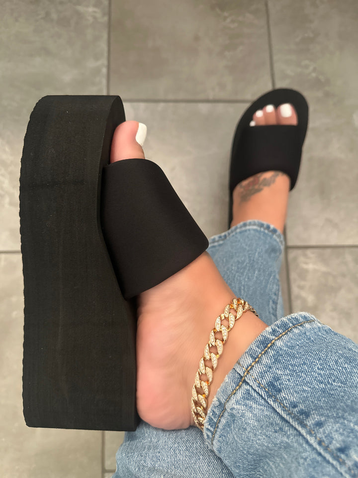 Black Platform Memory Foam Like Wedge Slide Sandals- Gladis