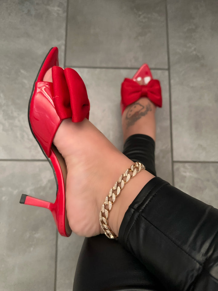 Red Satin Bow Pointed Toe Kitten Heels- Scarlet