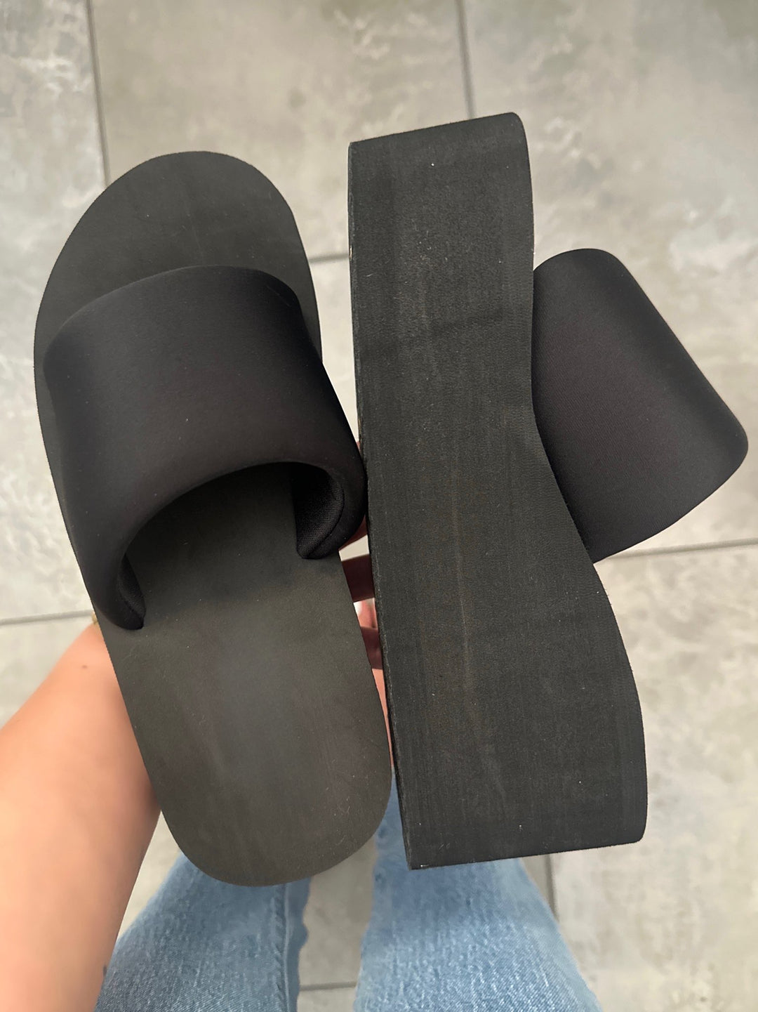 Black Platform Memory Foam Like Wedge Slide Sandals- Gladis