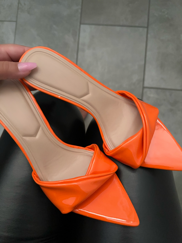 Bright Orange Patent Pointed Toe Mule Heels- Lynette