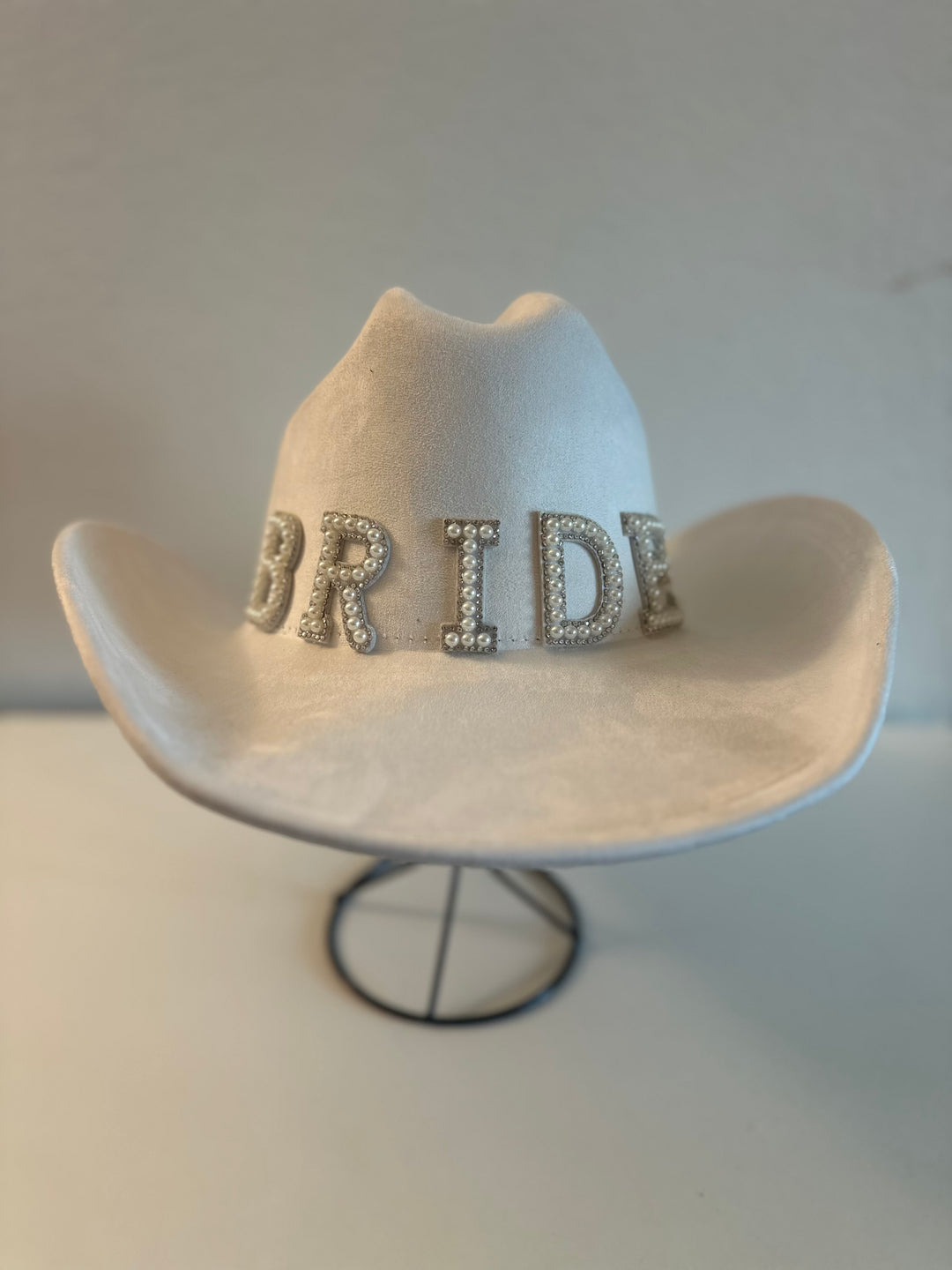 Ivory White Faux Suede Cowgirl Bride Hat with Pearl Detailed Letters
