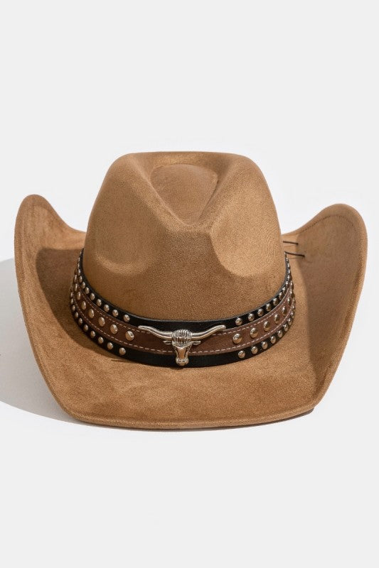 Tan Western Cowboy Hat with Bull Emblem