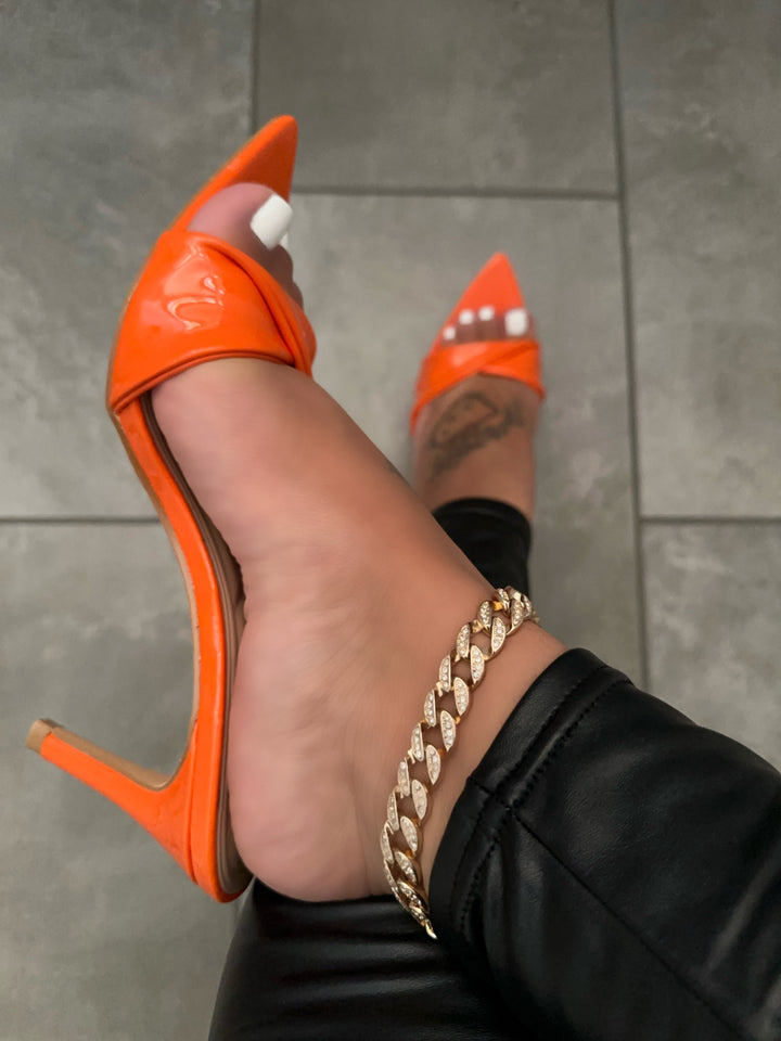 Bright Orange Patent Pointed Toe Mule Heels- Lynette