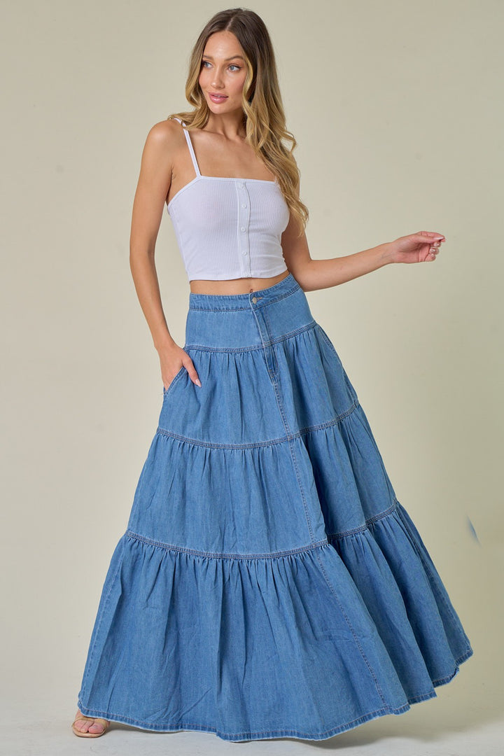 Women’s Boho Denim Maxi Tiered Skirt