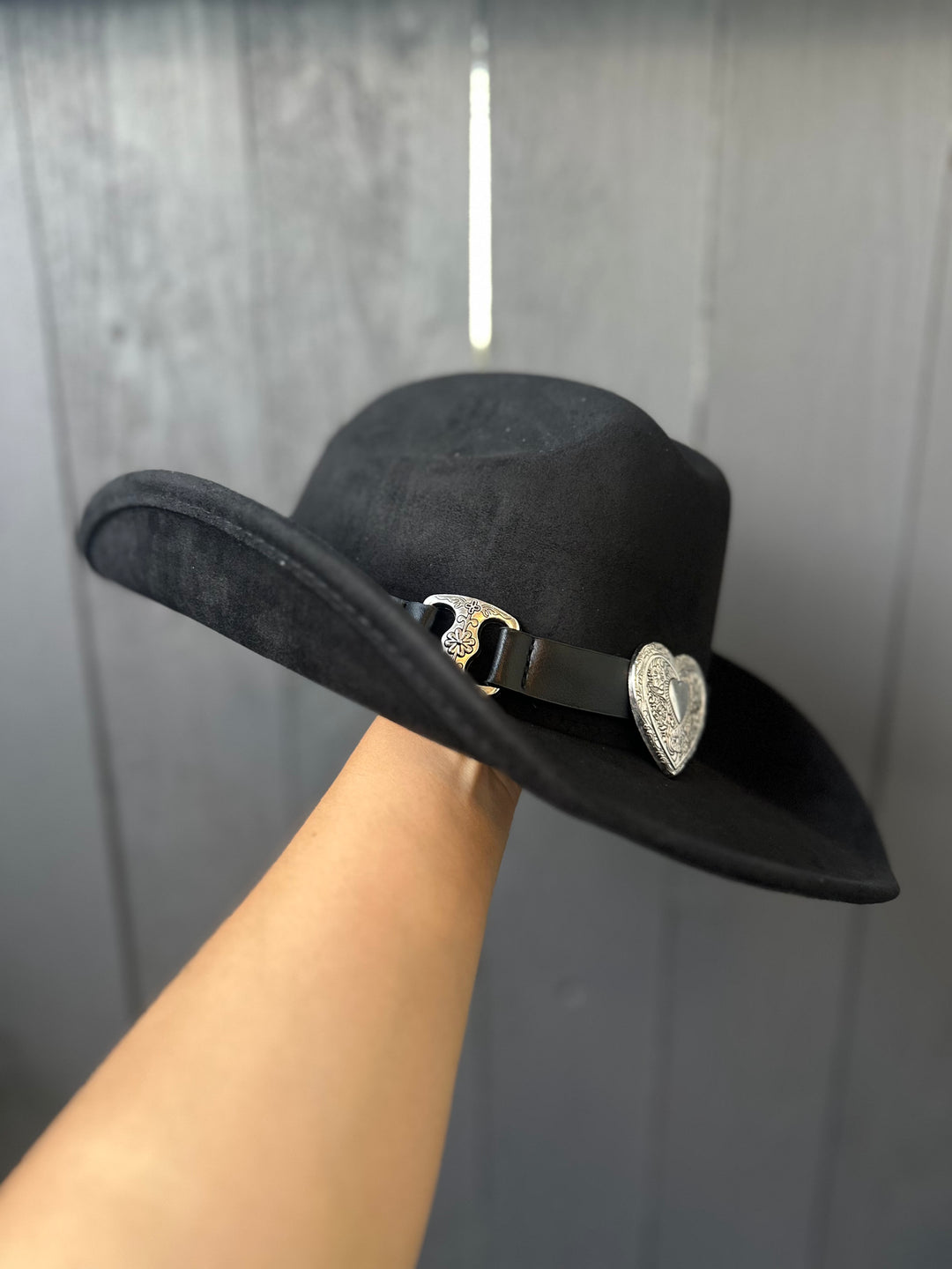 Black Cowgirl Hat with Silver Heart Buckle