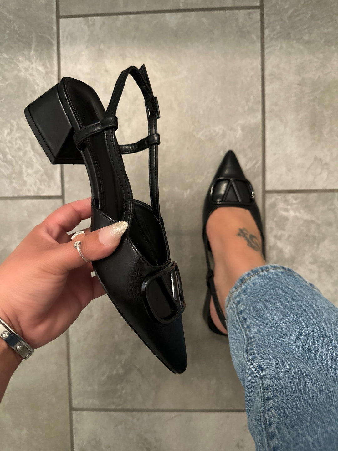 Black Slingback Block Heel Shoes- Sunny