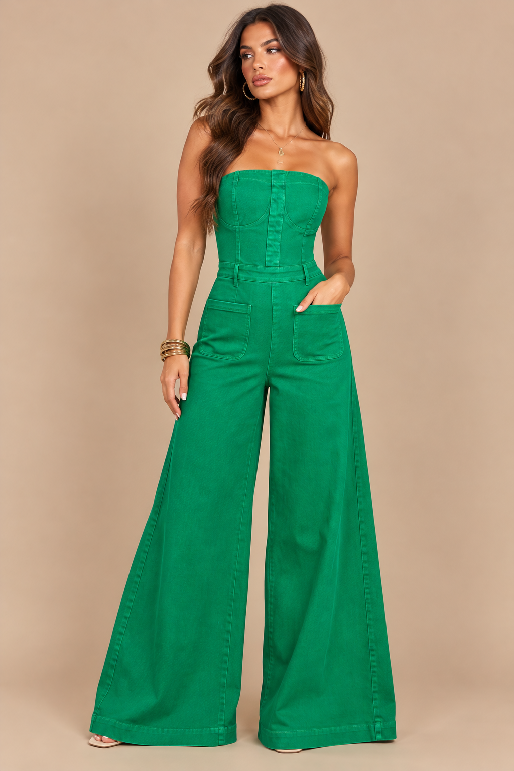 Wide Leg Strapless Jumpsuit- Kelly Green