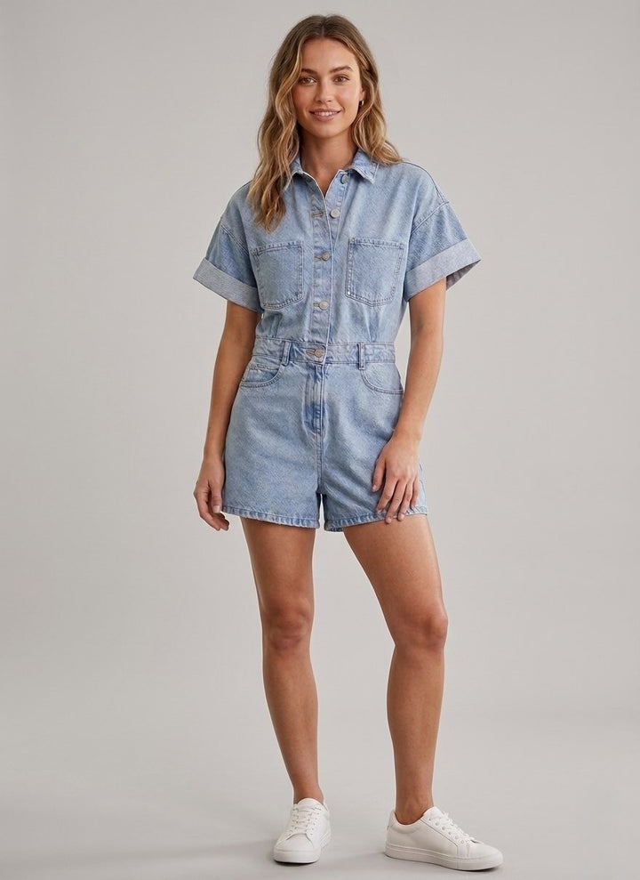 Light Denim Short Sleeve Utility Romper
