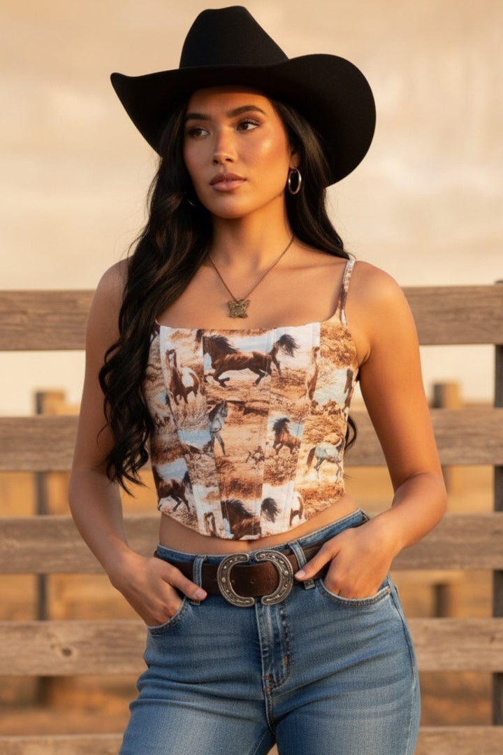 Wild Horses Print Tapestry Corset Top
