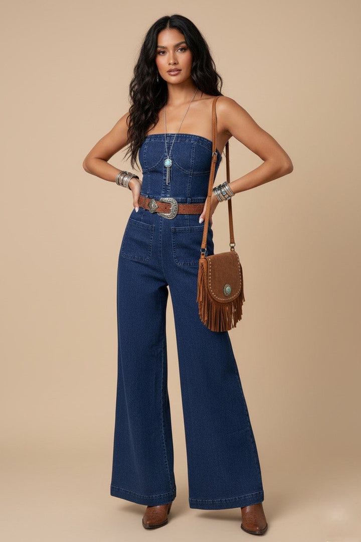 Wide Leg Strapless Dark Denim Jumpsuit