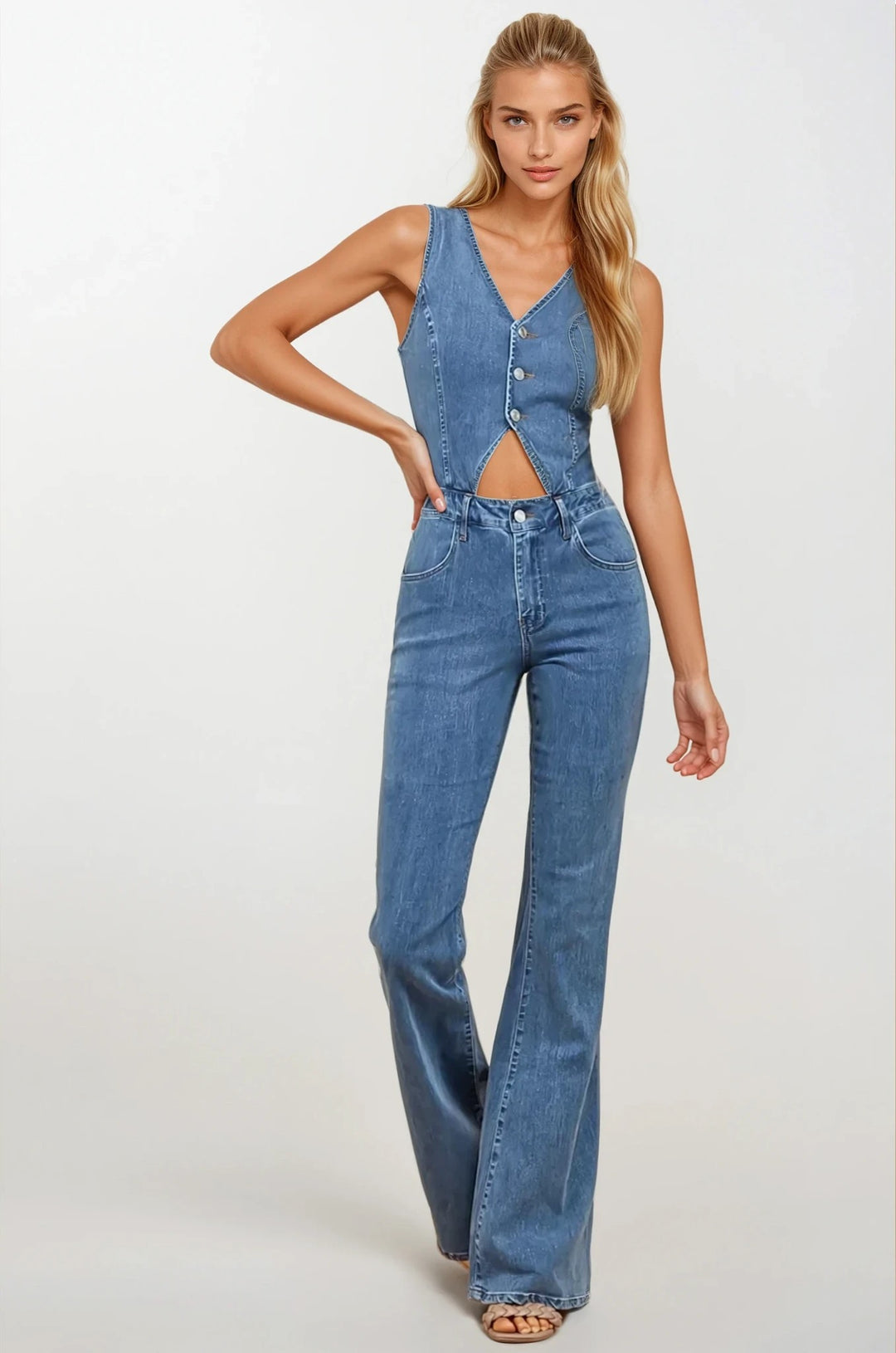 Western Cut Out Bootcut Denim Jumpsuit