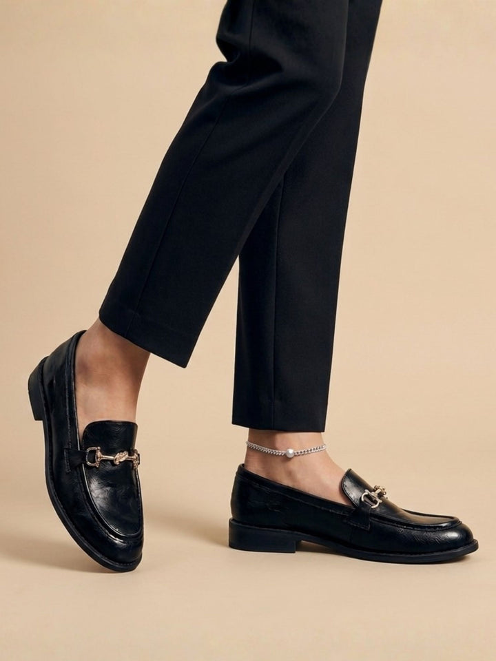 Classic Black Faux Leather Horsebit Loafers- Carolina