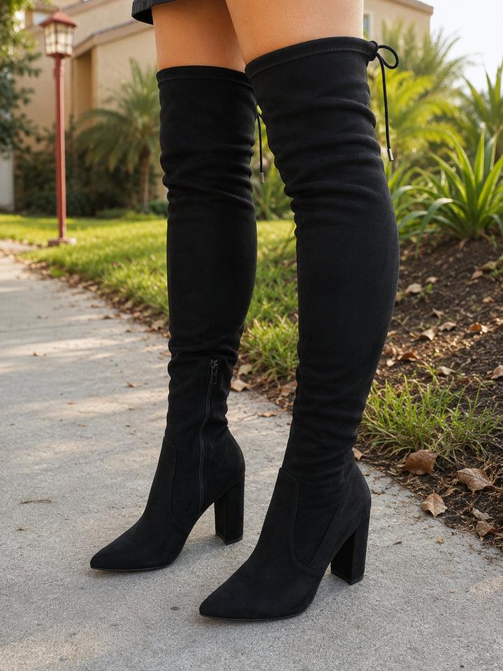 Black Pointed Toe Over the Knee Faux Suede Boots-Karla