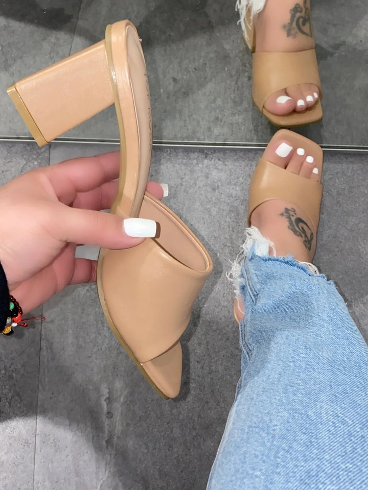 Tan Square Open Toe Chunky Heel Mule Mid Heel Sandals- Jackie