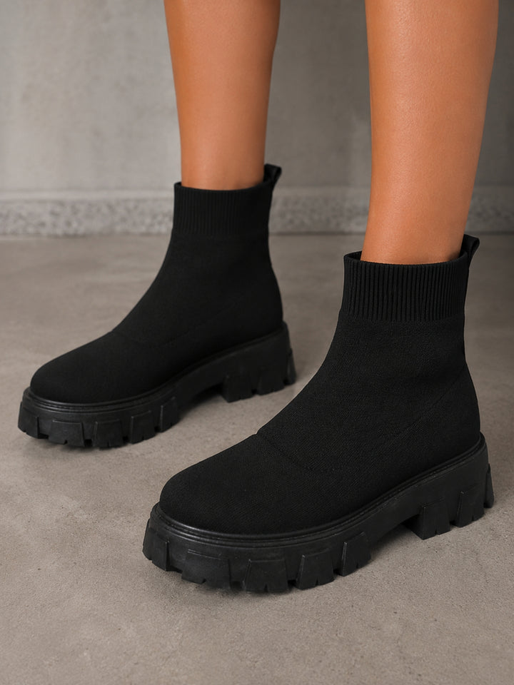 Black Knit Lug Sole Platform Booties | Chunky Chelsea Style Boots- Breana