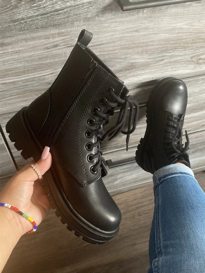 Lace Up Black Combat Boot with Side Zipper- Hana