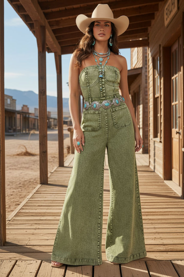 Olive Acid Wash Strapless Wide-Leg Jumpsuit