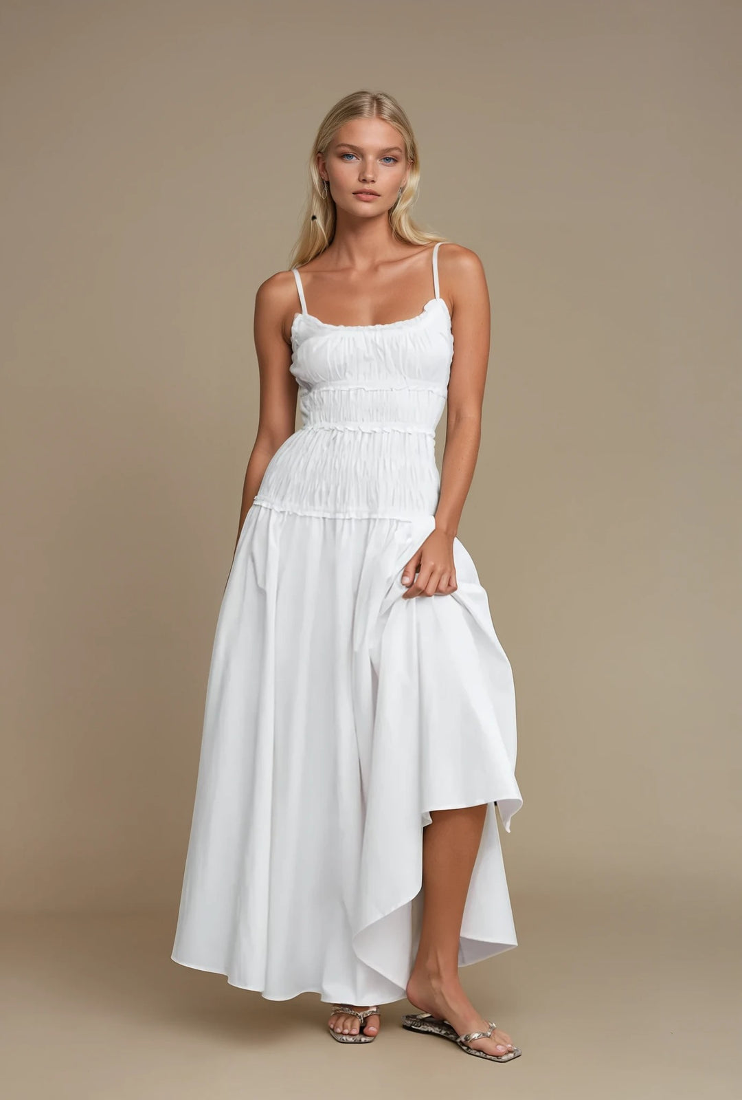 Smocked Maxi Cotton Dress – White Sleeveless Flowy Summer Dress