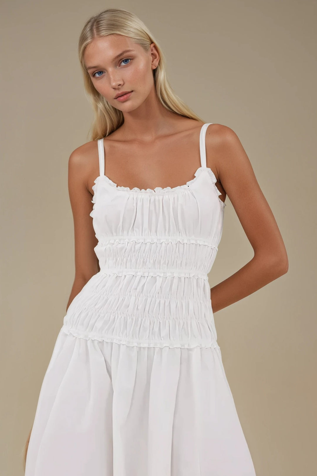 Smocked Maxi Cotton Dress – White Sleeveless Flowy Summer Dress
