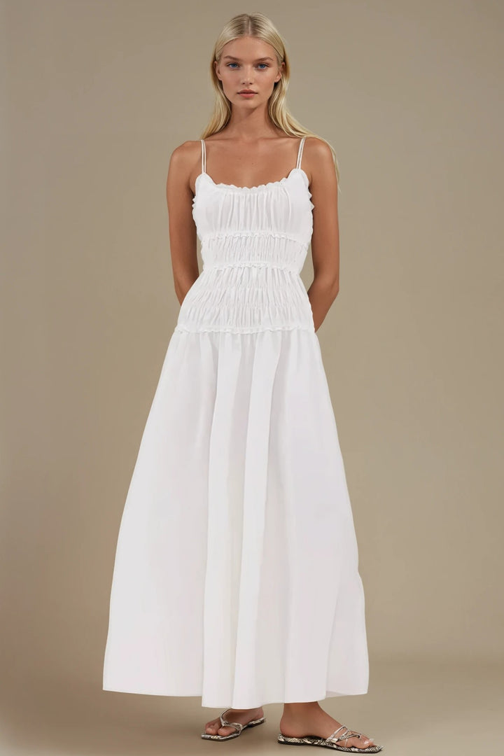 Smocked Maxi Cotton Dress – White Sleeveless Flowy Summer Dress