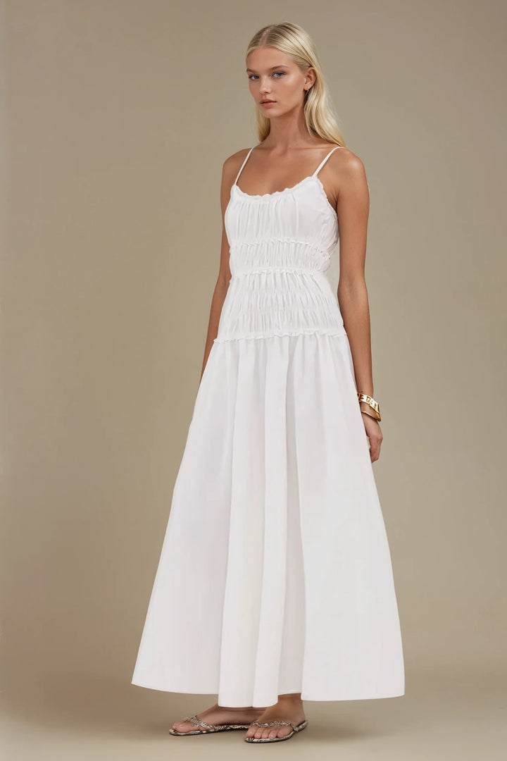 Smocked Maxi Cotton Dress – White Sleeveless Flowy Summer Dress