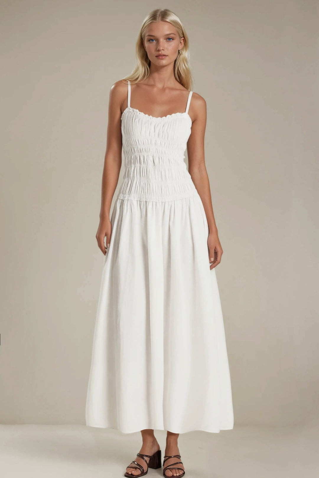 white cotton long dress Sleeveless Midi - 100% graceful drape. Smocked Maxi Cotton Dress