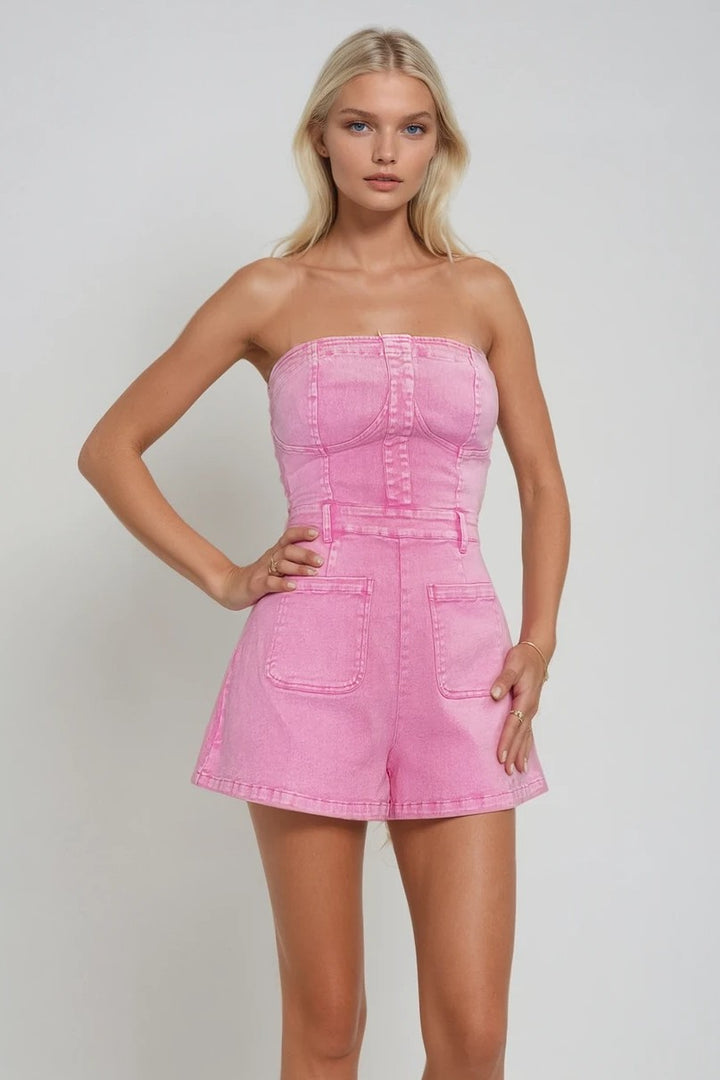 Barbie Pink Strapless Denim Romper