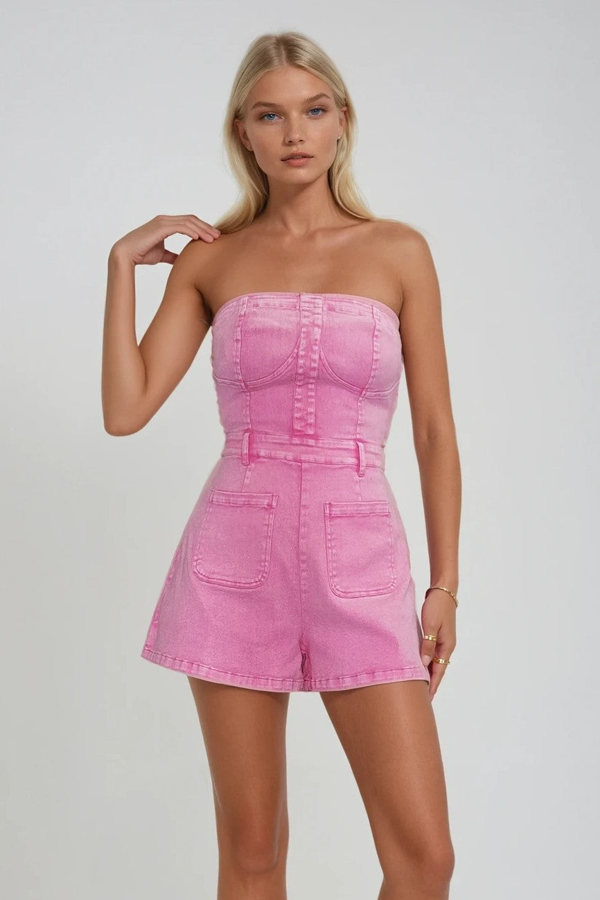 Barbie Pink Strapless Denim Romper