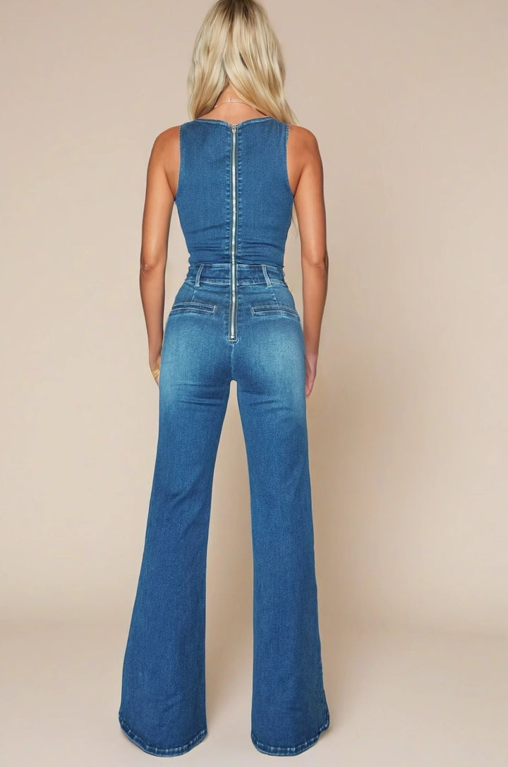 Sleeveless Wide Leg Denim Jumpsuit