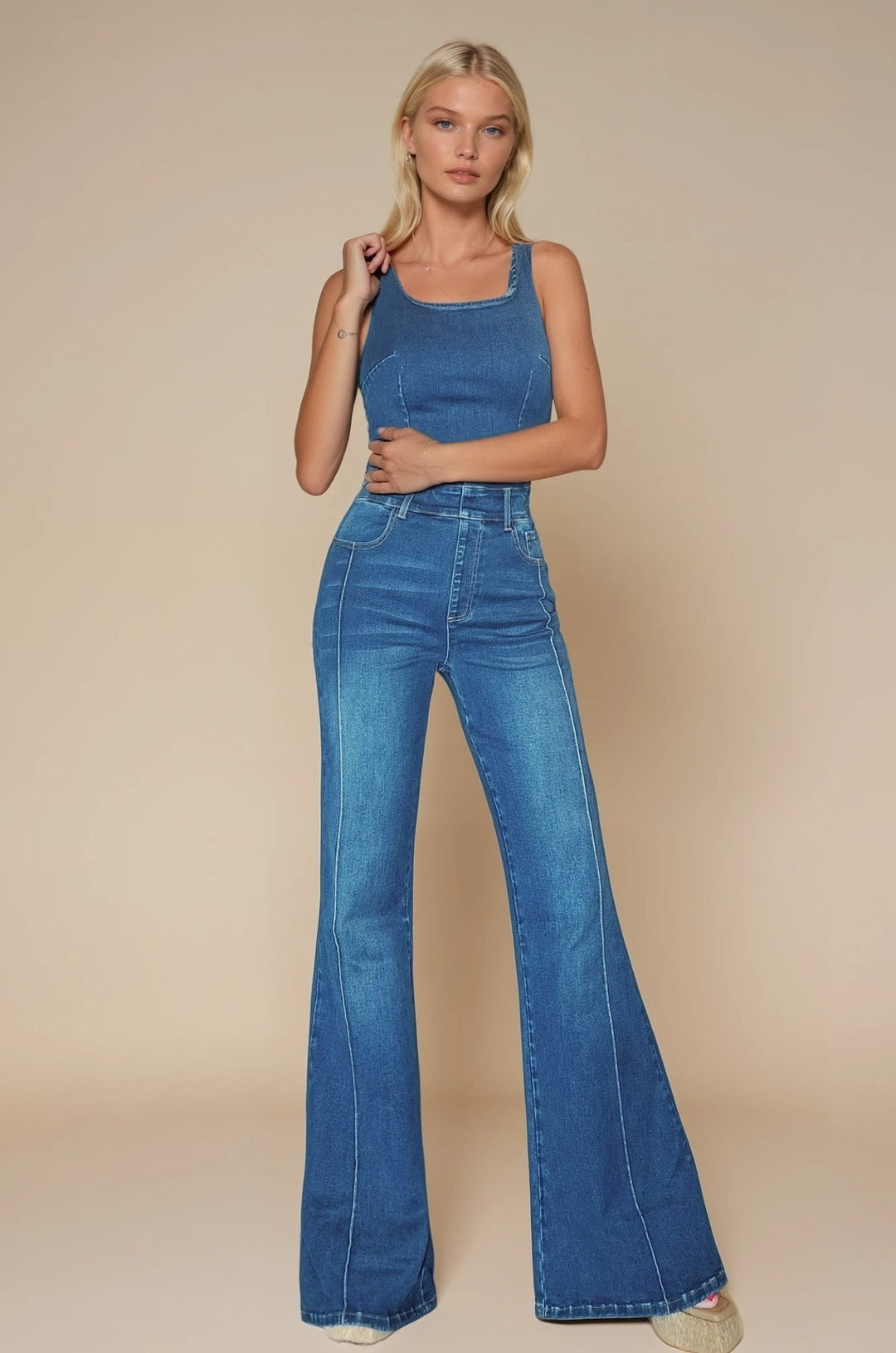 Sleeveless Wide Leg Denim Jumpsuit