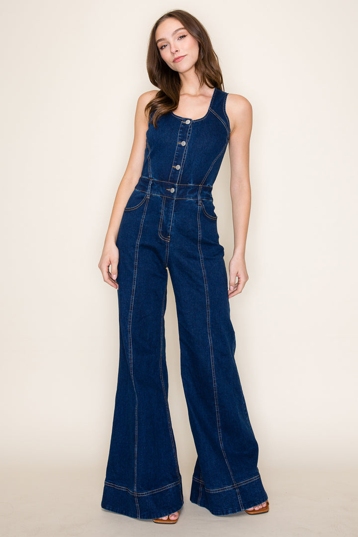 Western Dark Denim Retro Wide Leg Jumpsuit
