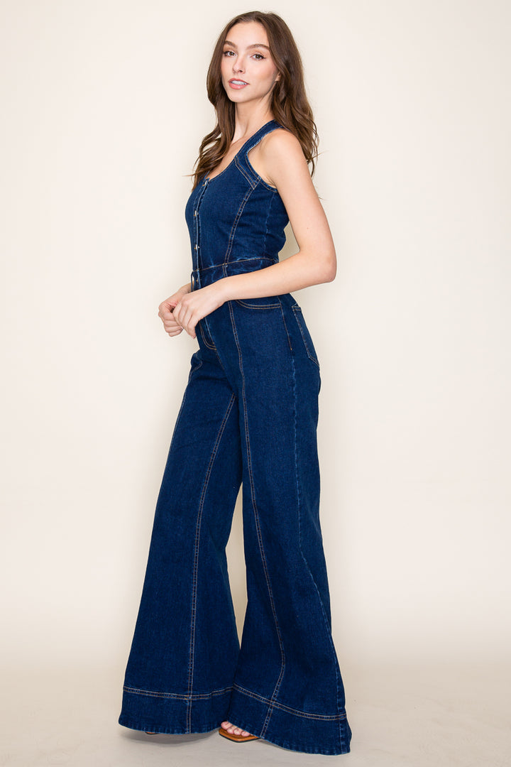 Western Dark Denim Retro Wide Leg Jumpsuit