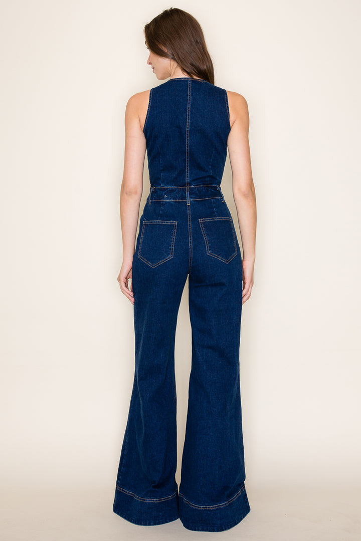 Western Dark Denim Retro Wide Leg Jumpsuit