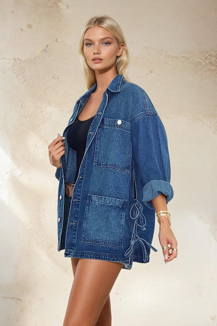 Boho Oversized Mid Wash Denim Utility Jacket