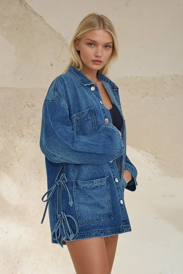 Boho Oversized Mid Wash Denim Utility Jacket