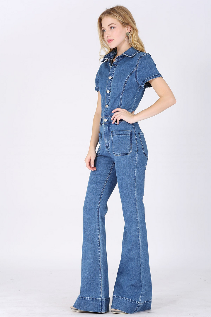 MID DENIM FLARED JUMPSUIT