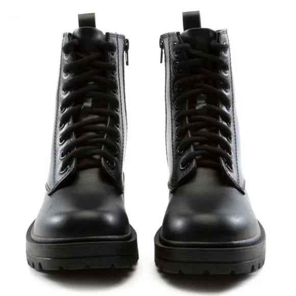 Lace Up Black Combat Boot with Side Zipper- Hana