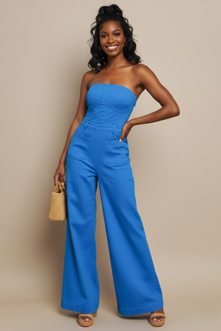 Cobalt Blue Strapless Bustier Denim Jumpsuit | Wide Leg Stretch