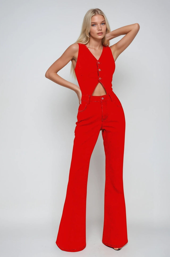 Vibrant Red Cut Out Denim Jumpsuit With Button Detail
